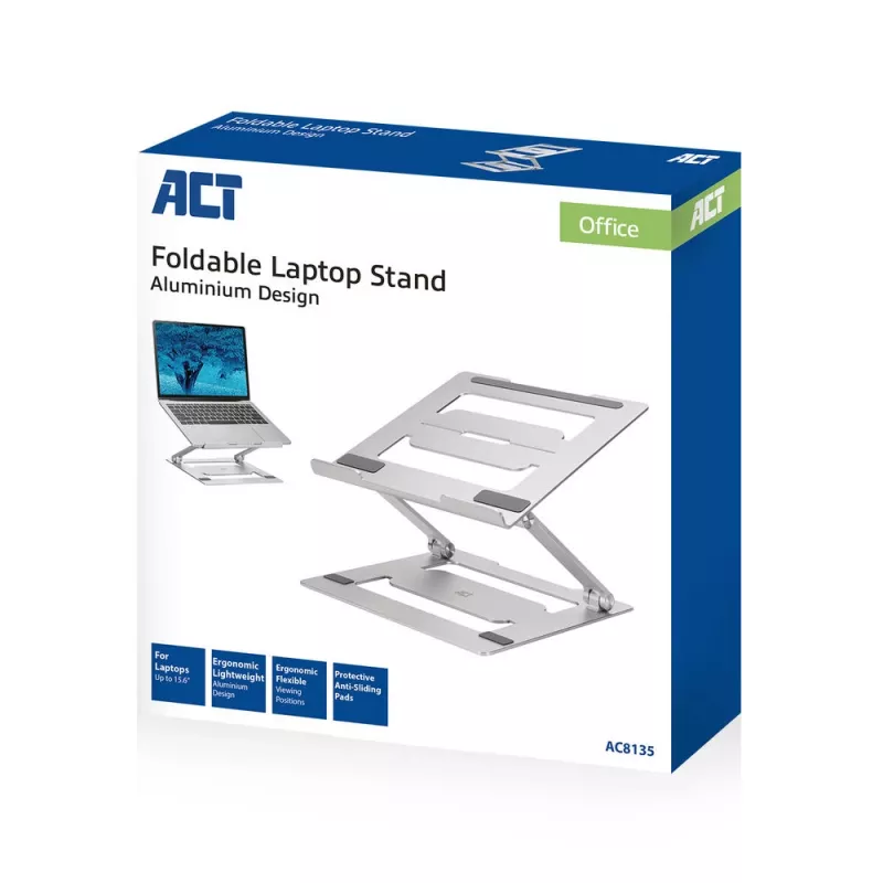 Laptopstandaard ACT AC8135 aluminium grijs traploos in hoogte verstelbaar