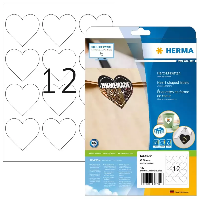 HERMA 10791 zelfklevende etiketten hart permanent wit 120 stuks