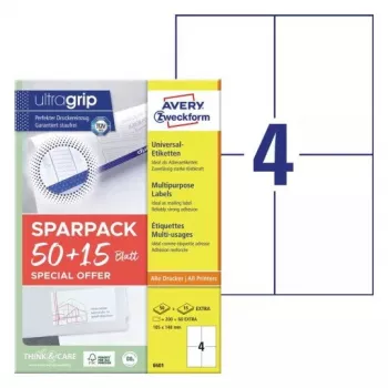 Zelfklevend printeretiket AVERY 6601 wit 10,5 x 14,8 cm 260 etiketten