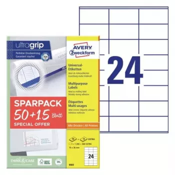 Zelfklevend printeretiket AVERY 6602 wit 7x3,6 cm 1560 stuks