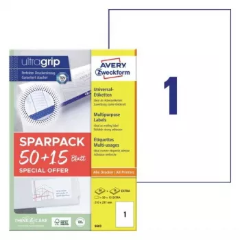 Zelfklevend printeretiket AVERY 6603 wit A4 21x29,7 cm 65 etiketten