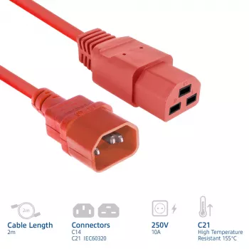 Netkabel ACT C14 naar C21 IEC60320, rood, 2 m, 250 V 10 A