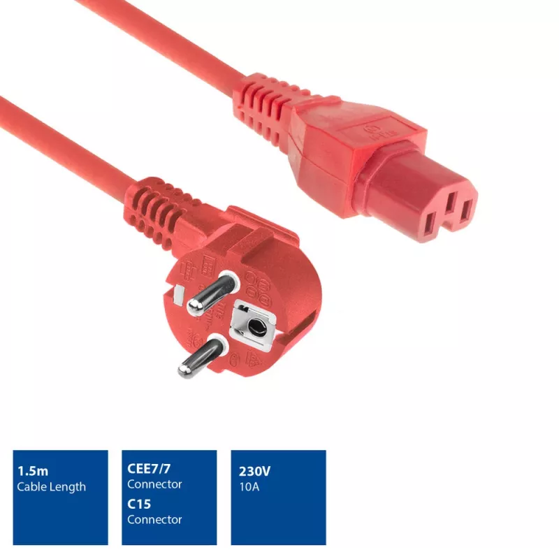 ACT netkabel hoofdaansluiting CEE 7/7 stekker (haaks) – C15 rood 1,5 m