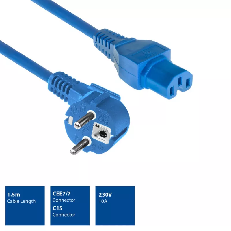 ACT netkabel CEE 7/7 stekker haaks C15 blauw 1,5 m 230V 10A