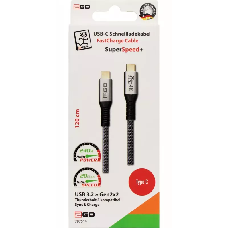 USB-kabel 2GO 797514 USB 3.2 Gen 2x2 1,2 m USB-C zwart zilver