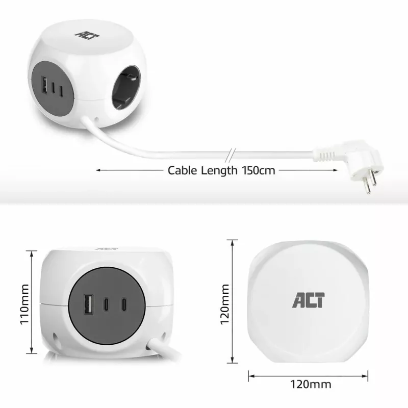 ACT AC2420 stroomverlenging 1,5 m 3 AC-stopcontacten binnen wit