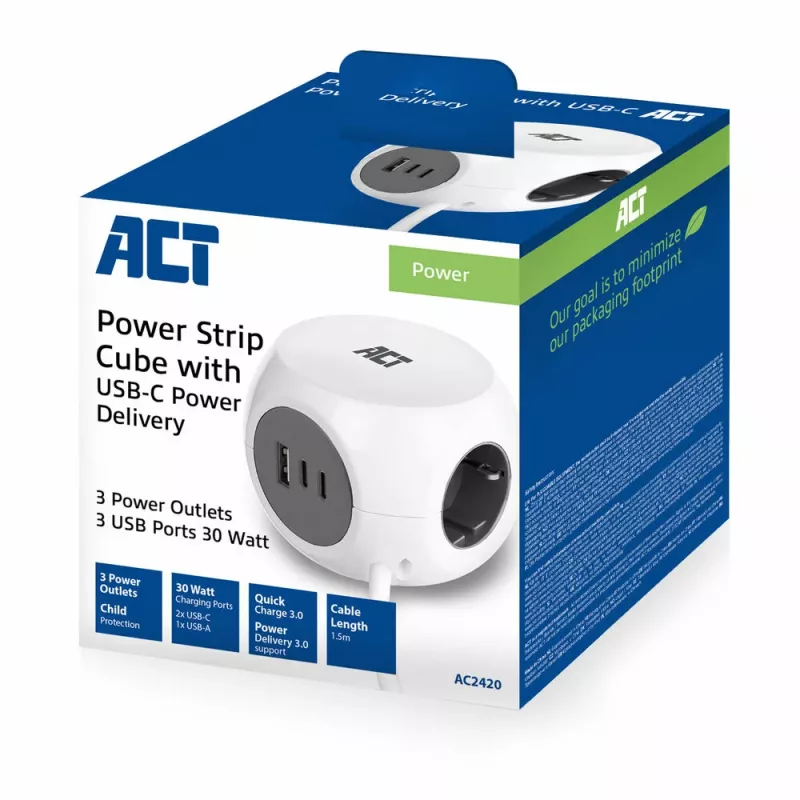 ACT AC2420 stroomverlenging 1,5 m 3 AC-stopcontacten binnen wit