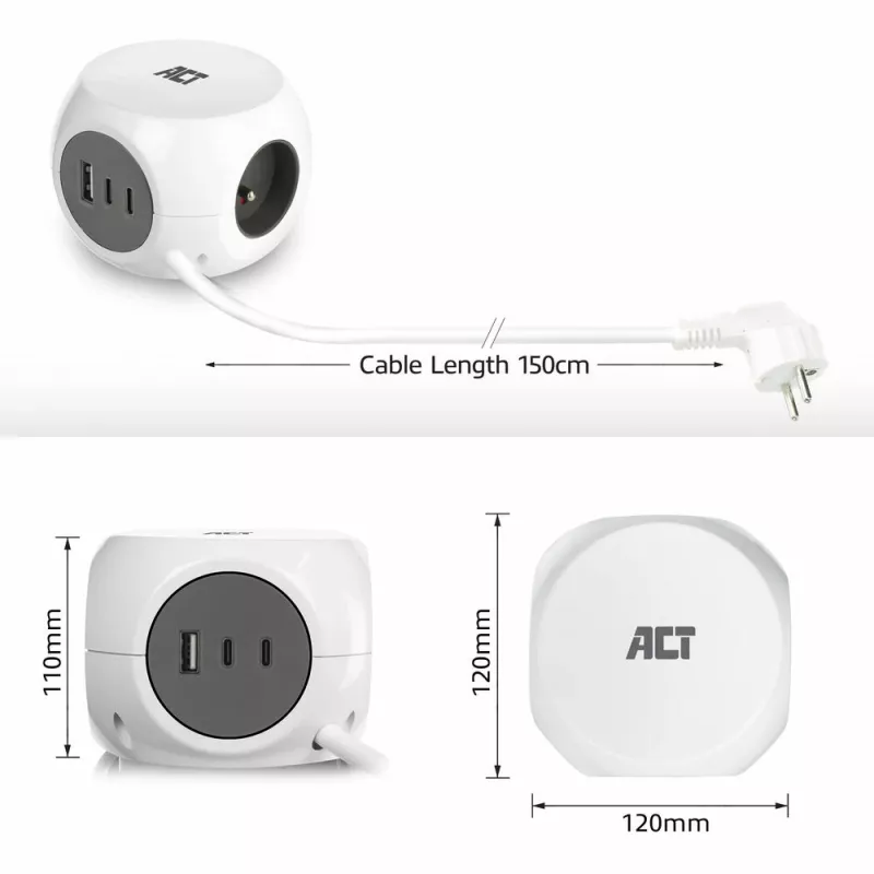 ACT AC2425 stroomverlenging 1,5 m 3 AC-stopcontacten binnen wit
