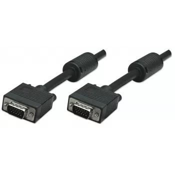 Manhattan VGA-monitorkabel (met ferrietkernen), 15m, zwart, stekker naar stekker, HD15, kabel met hogere SVGA-specificatie (volledig compatibel), afscherming met ferrietkernen helpt EMI-storingen te minimaliseren voor verbeterde videotransmissie, levenslange garantie