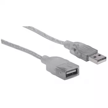 Manhattan USB-A naar USB-A verlengkabel, 1,8 m, stekker naar bus, 480 Mbit/s (USB 2.0), Hi-Speed USB, doorschijnend zilver, levenslange garantie