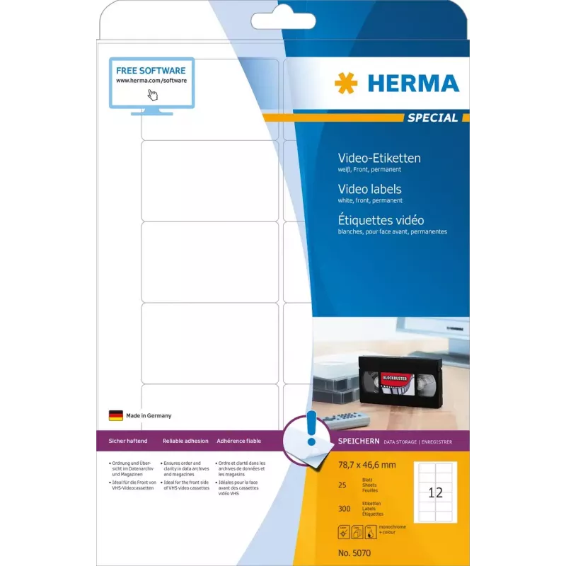 Zelfklevend printeretiket HERMA video-etiketten A4 78,7x46,6 mm