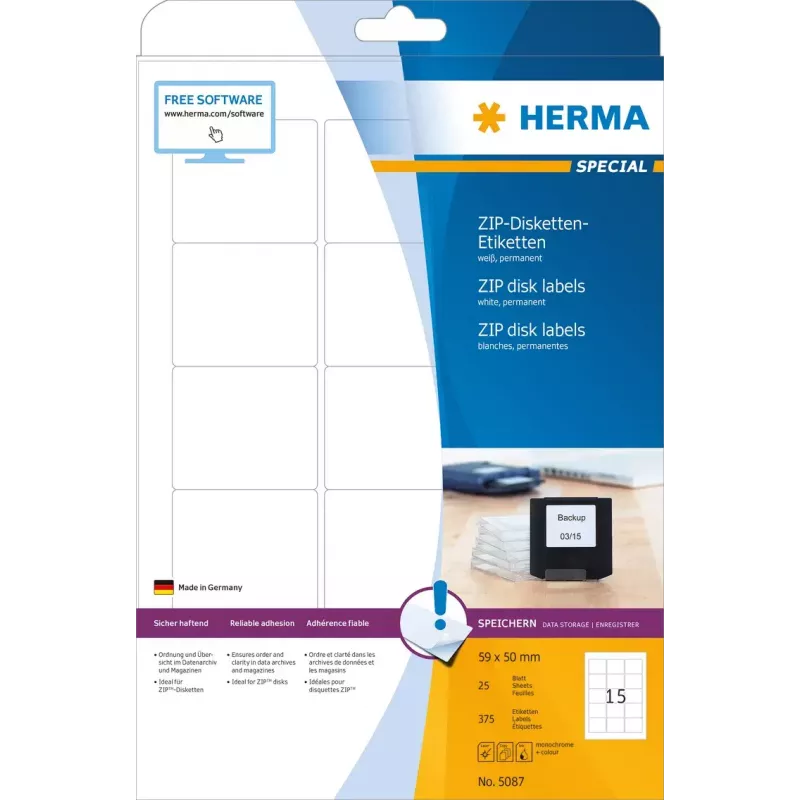 Etiketten HERMA ZIP diskettes A4 59x50 mm wit papier mat 375 stuks