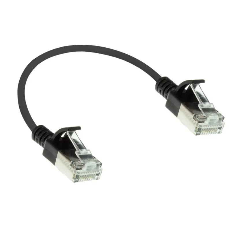ACT zwart 0,15 meter LSZH U/FTP CAT6A datacenter-slimline-patchkabel zonder vergrendelingslip met RJ45-stekkers
