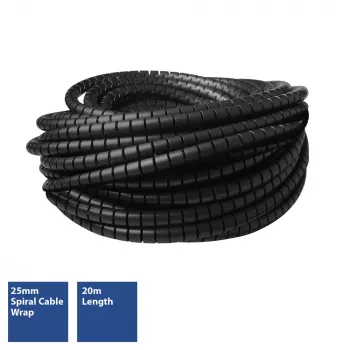 ACT 25 mm spiraalkabelwikkeling, 20 meter lengte, kabelmanagement, zwart, polyvinylchloride (PVC)