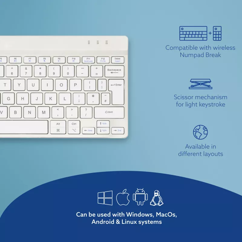 R-Go Tools ergonomisch toetsenbord R-Go Compact Break, compact toetsenbord met pauzesoftware, QWERTY (UK), Bluetooth, wit