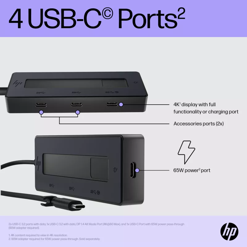 HP 4K USB-C multiport hub, USB Type-C, USB Type-C, 10000 Mbit/s, 3840 x 2160, zwart, 65 W