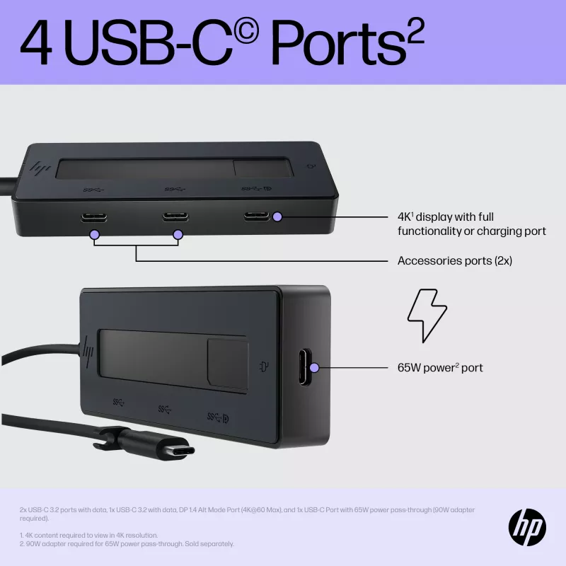 HP 4K USB-C multiport hub, USB Type-C, USB Type-C, 10000 Mbit/s, 3840 x 2160, zwart, 65 W