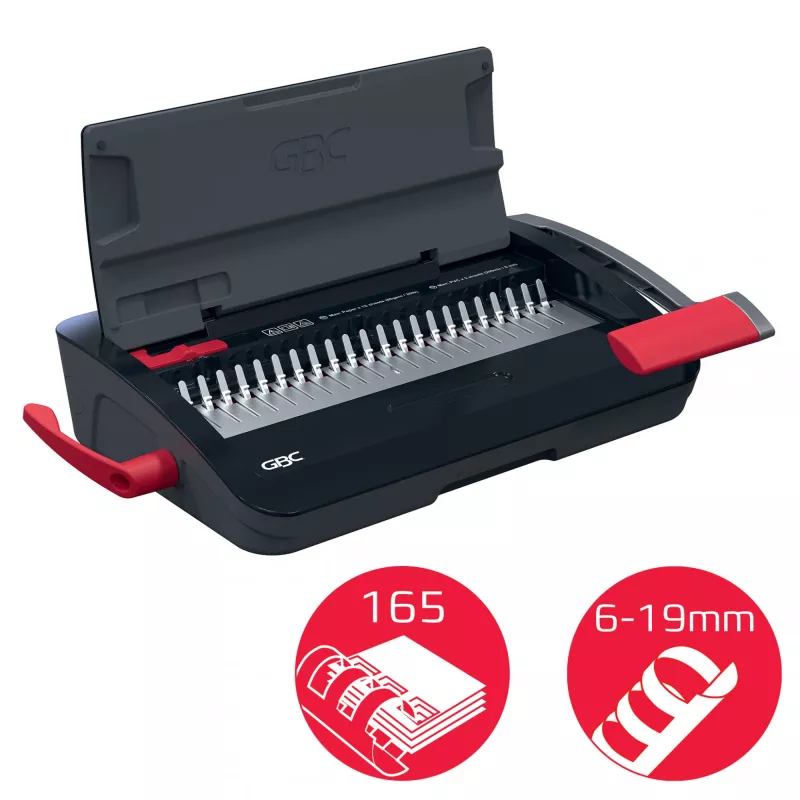GBC CombBind® CB12 handmatige bindmachine, kam-bindapparaat, handmatig, 165 vel, zwart, rood