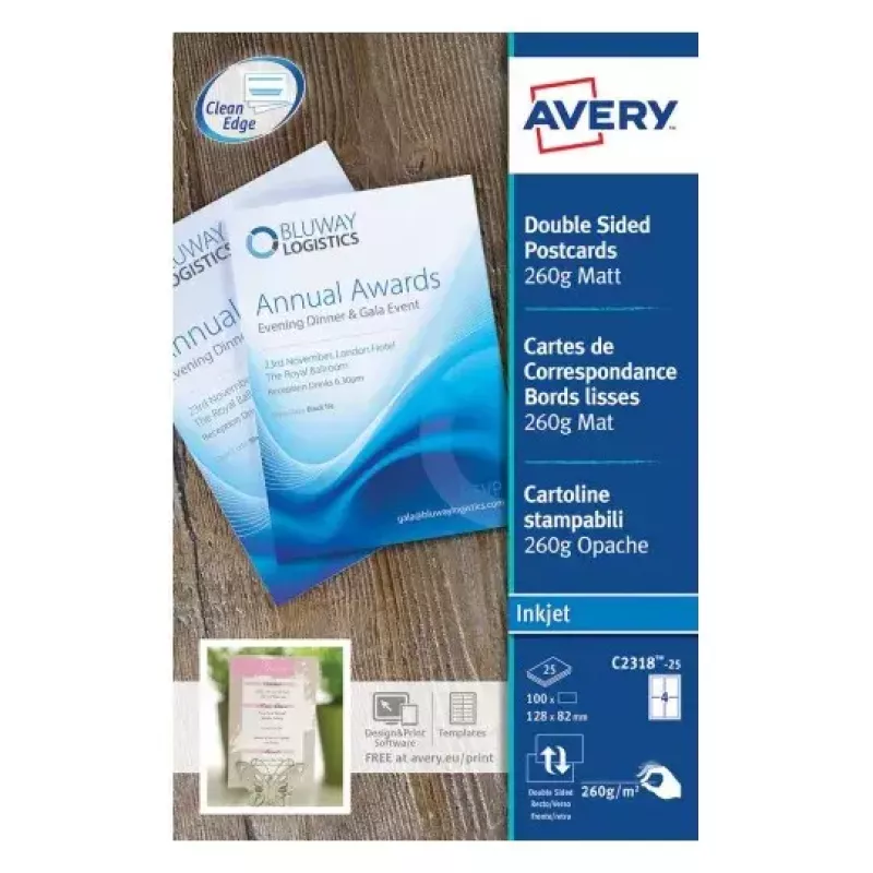 Avery Quick&Clean C2318-25i kaarten, 82,6 x 127 mm, 260 g/m², wit, 100 kaarten (25 vellen x 4)