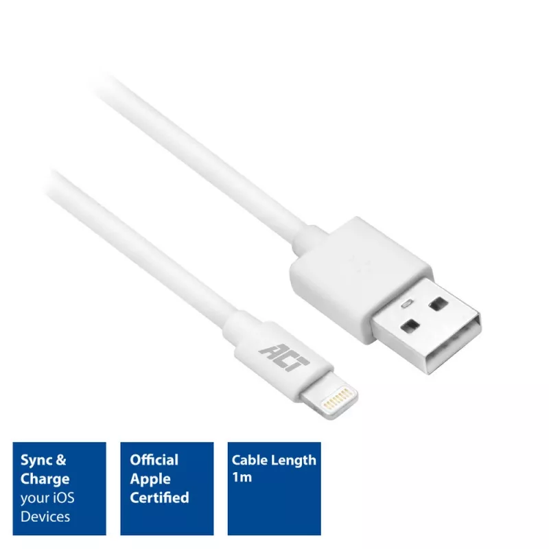 ACT USB 2.0 laad-/datakabel A-stekker - Lightning-stekker 1 meter, MFI-gecertificeerd