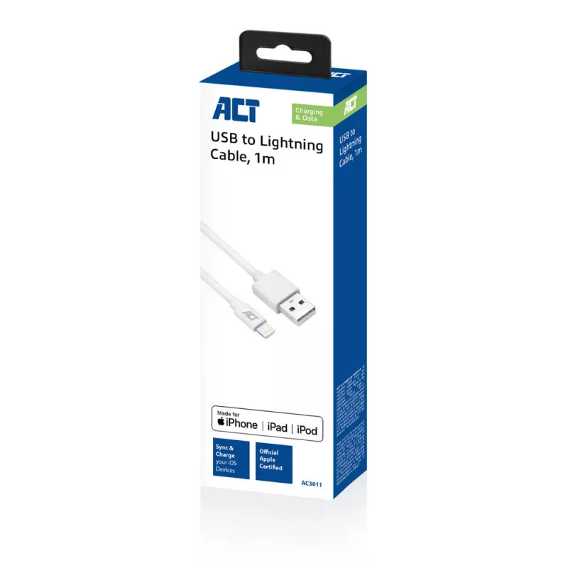 ACT USB 2.0 laad-/datakabel A-stekker - Lightning-stekker 1 meter, MFI-gecertificeerd