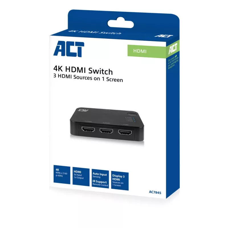 ACT 4K HDMI-switch 3x1 zwart 60Hz 1920x1080 3840x2160