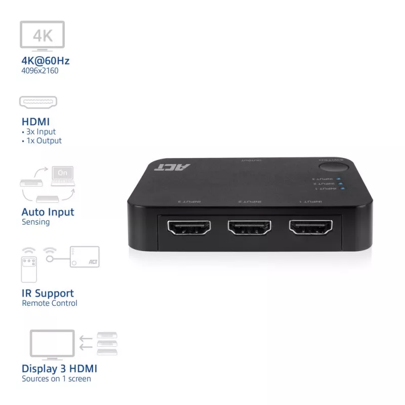 ACT 4K HDMI-switch 3x1 zwart 60Hz 1920x1080 3840x2160