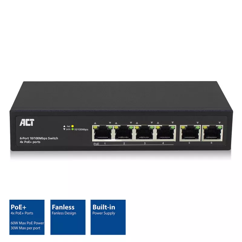 ACT 6-poorts netwerkswitch, 10/100 Mbit/s, 4x PoE+ (30 W) poort
