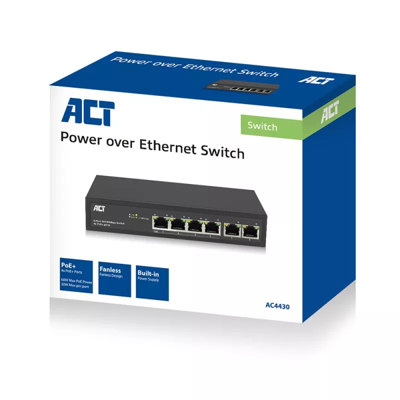 ACT 6-poorts netwerkswitch, 10/100 Mbit/s, 4x PoE+ (30 W) poort