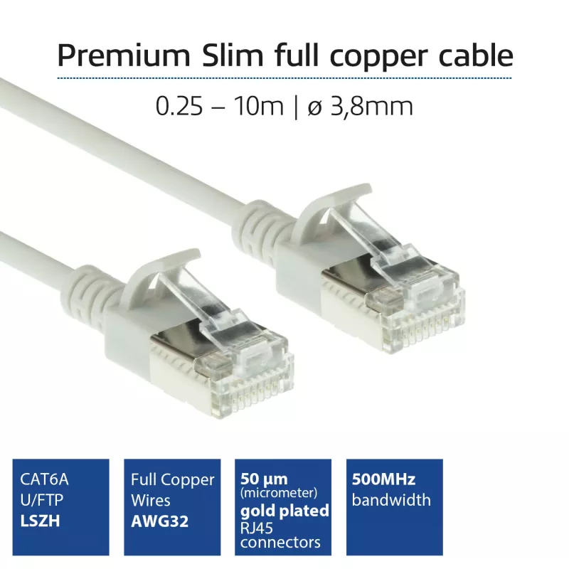 ACT grijs 0,5 meter LSZH U/FTP CAT6A datacenter slimline patchkabel zonder vergrendeling met RJ45-stekkers