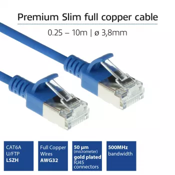 ACT blauw 2 meter LSZH U/FTP CAT6A datacenter slimline patchkabel met vergrendelingsbescherming en RJ45-stekkers