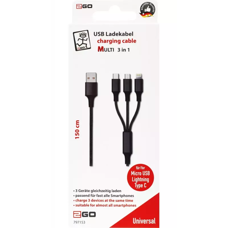 USB-kabel 2GO 797153 1,5 m USB-B naar USB-C/Micro-USB-B/Lightning zwart