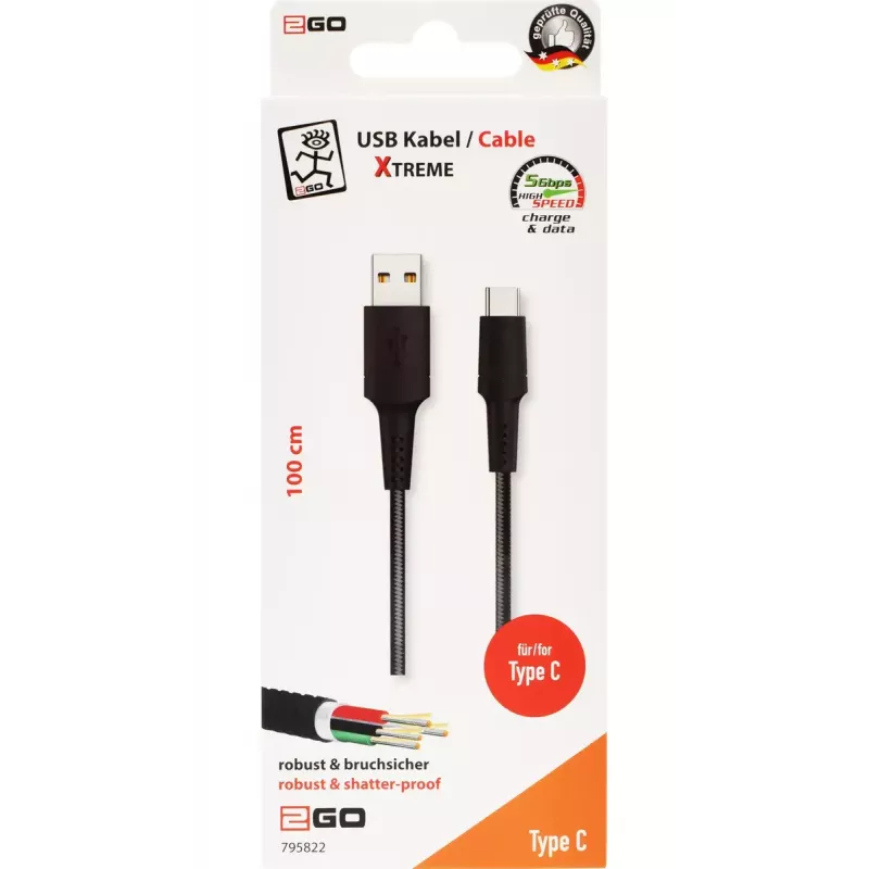 USB-kabel 2GO 795822 1 m USB-B USB-C zwart