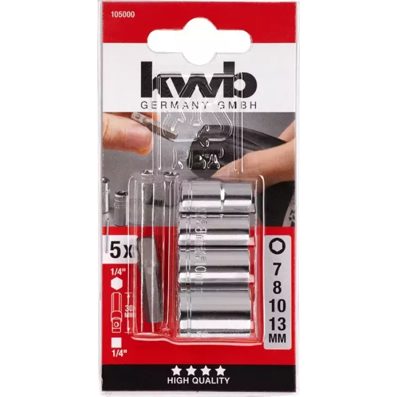 kwb 105000 Dopsleutelset met 1/4" adapter, 7/8/10/13 mm, 5 st.