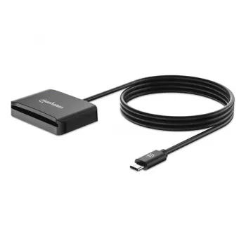 Manhattan USB-C contact-chipkaartlezer met MicroSD-slot, USB Type-C stekker naar contactlezer-interface en microSDXC, ondersteunt Windows, macOS en Linux, leest SIM-kaarten met adapter, kabel 1 m, zwart, drie jaar garantie