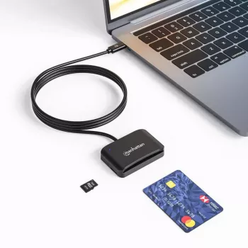 Manhattan USB-C contact-chipkaartlezer met MicroSD-slot, USB Type-C stekker naar contactlezer-interface en microSDXC, ondersteunt Windows, macOS en Linux, leest SIM-kaarten met adapter, kabel 1 m, zwart, drie jaar garantie