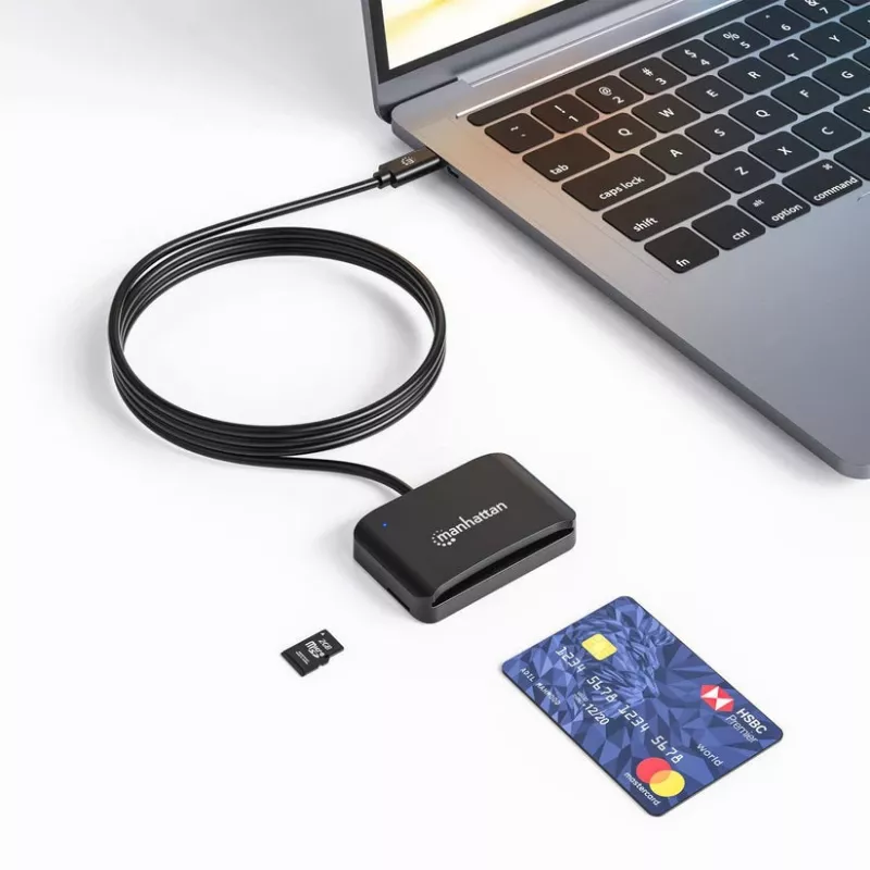 Manhattan USB-C contact-chipkaartlezer met MicroSD-slot, USB Type-C stekker naar contactlezer-interface en microSDXC, ondersteunt Windows, macOS en Linux, leest SIM-kaarten met adapter, kabel 1 m, zwart, drie jaar garantie