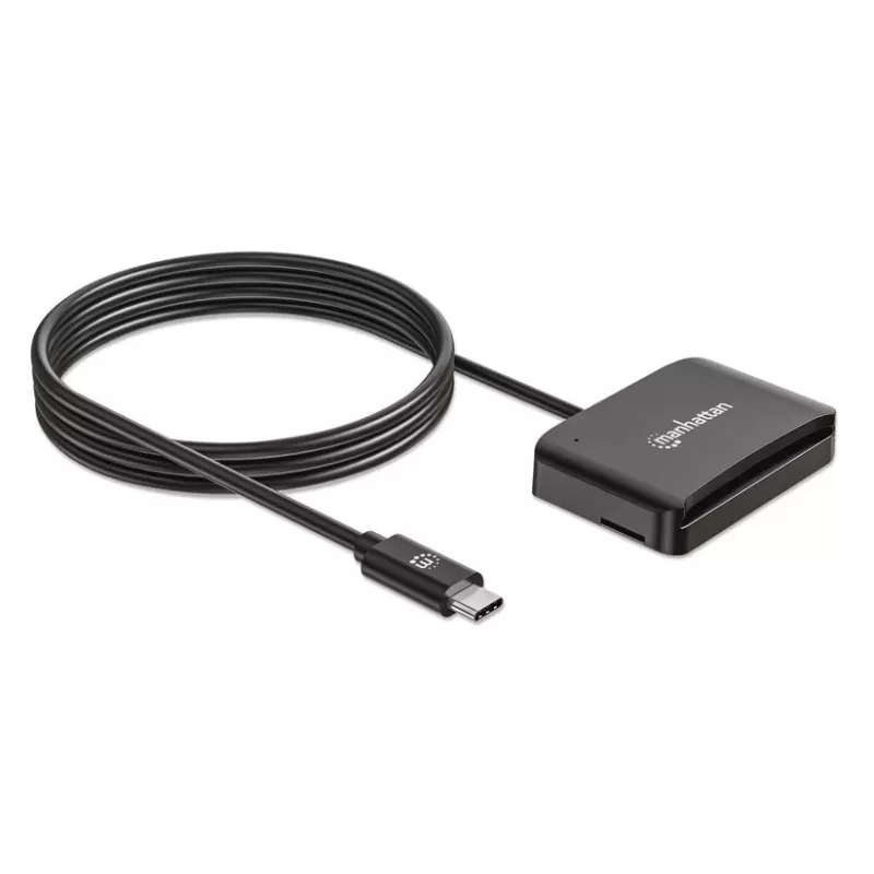 Manhattan USB-C contact-chipkaartlezer met MicroSD-slot, USB Type-C stekker naar contactlezer-interface en microSDXC, ondersteunt Windows, macOS en Linux, leest SIM-kaarten met adapter, kabel 1 m, zwart, drie jaar garantie