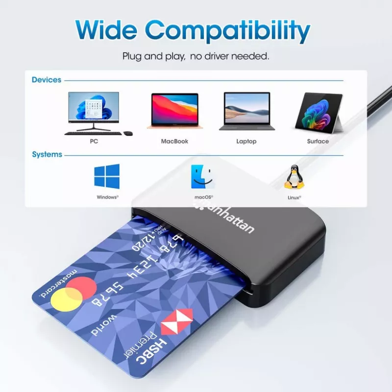 Manhattan USB-C contact-chipkaartlezer met MicroSD-slot, USB Type-C stekker naar contactlezer-interface en microSDXC, ondersteunt Windows, macOS en Linux, leest SIM-kaarten met adapter, kabel 1 m, zwart, drie jaar garantie