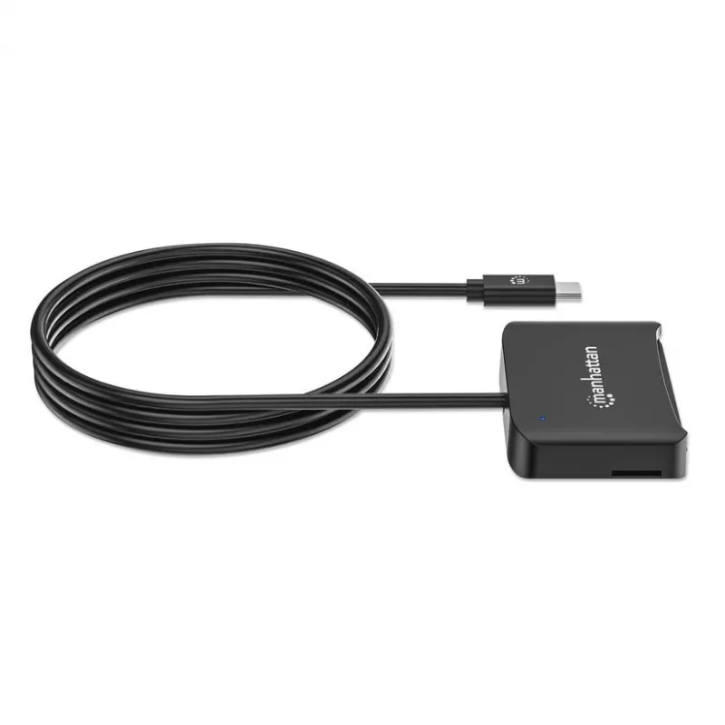 Manhattan USB-C contact-chipkaartlezer met MicroSD-slot, USB Type-C stekker naar contactlezer-interface en microSDXC, ondersteunt Windows, macOS en Linux, leest SIM-kaarten met adapter, kabel 1 m, zwart, drie jaar garantie