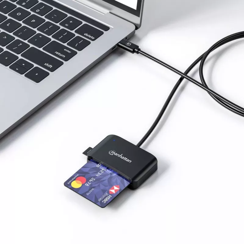 Manhattan USB-C contact-chipkaartlezer met MicroSD-slot, USB Type-C stekker naar contactlezer-interface en microSDXC, ondersteunt Windows, macOS en Linux, leest SIM-kaarten met adapter, kabel 1 m, zwart, drie jaar garantie