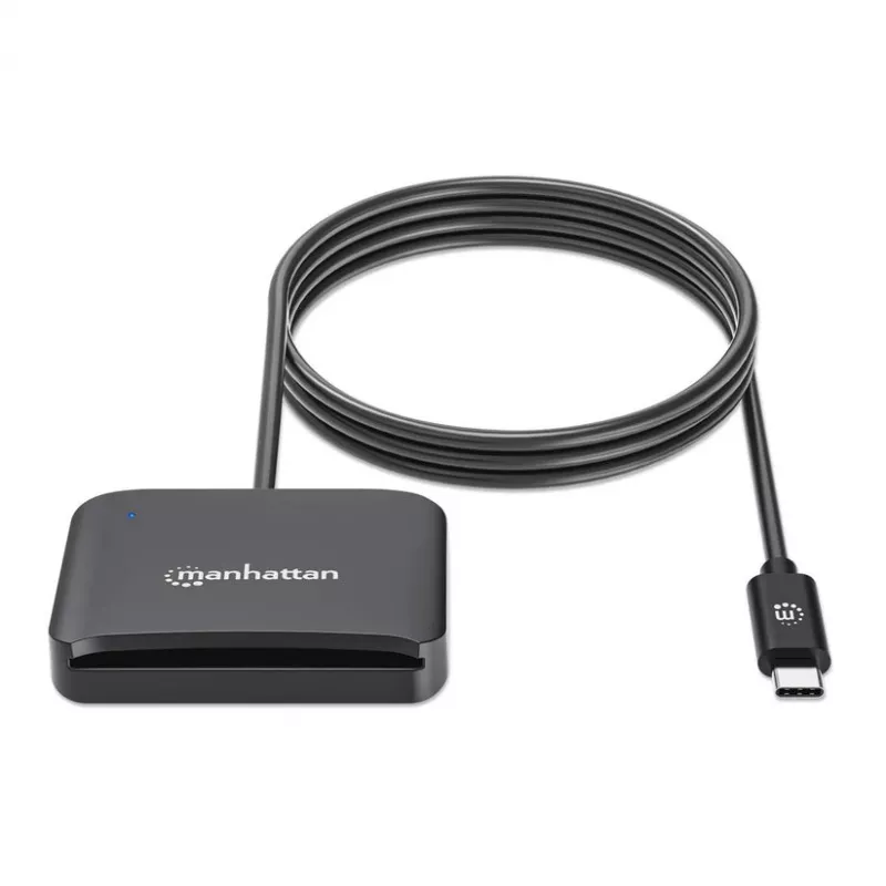 Manhattan USB-C contact-chipkaartlezer met MicroSD-slot, USB Type-C stekker naar contactlezer-interface en microSDXC, ondersteunt Windows, macOS en Linux, leest SIM-kaarten met adapter, kabel 1 m, zwart, drie jaar garantie