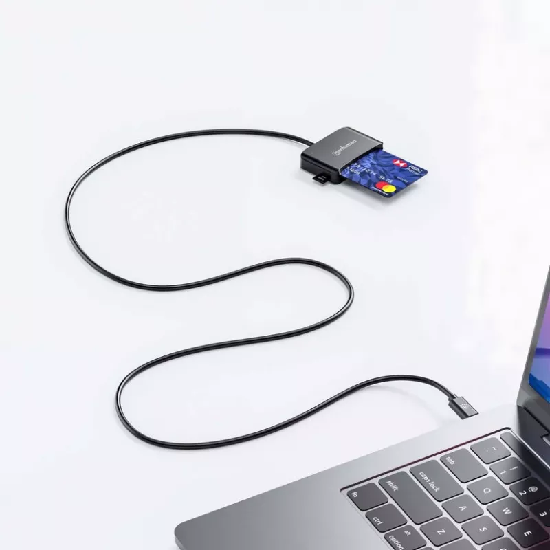 Manhattan USB-C contact-chipkaartlezer met MicroSD-slot, USB Type-C stekker naar contactlezer-interface en microSDXC, ondersteunt Windows, macOS en Linux, leest SIM-kaarten met adapter, kabel 1 m, zwart, drie jaar garantie