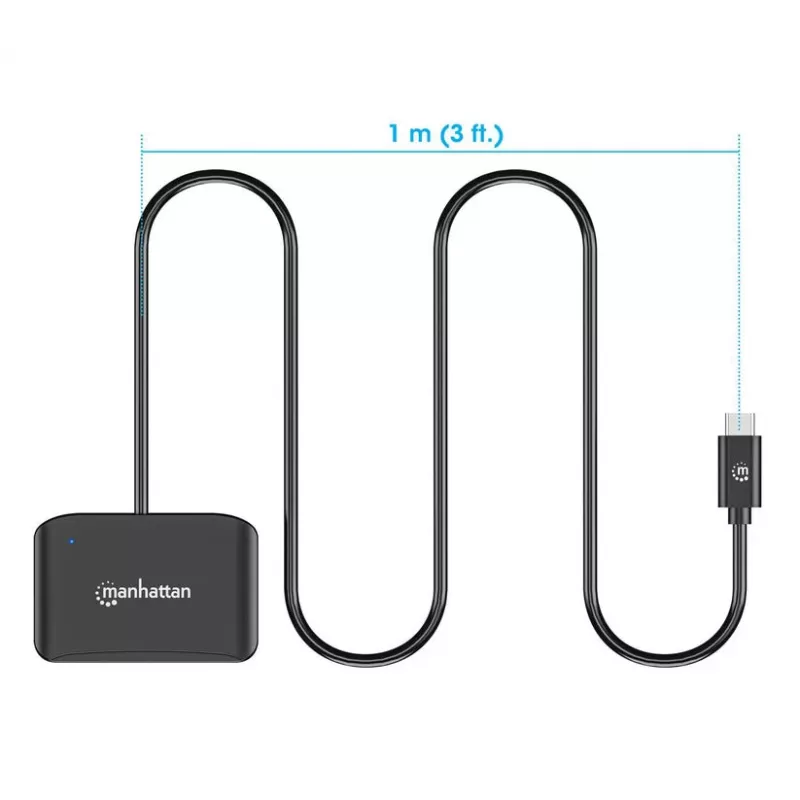 Manhattan USB-C contact-chipkaartlezer met MicroSD-slot, USB Type-C stekker naar contactlezer-interface en microSDXC, ondersteunt Windows, macOS en Linux, leest SIM-kaarten met adapter, kabel 1 m, zwart, drie jaar garantie