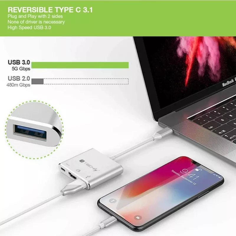Techly IADAP USB31-HDMIPTY laptopdock/poortreplicator bedraad USB 3.2 Gen 1 (3.1 Gen 1) Type-C zilver