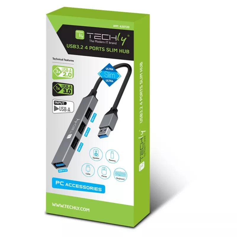 Techly IUSB32-HUB4A-3U2SLS laptop-dock/poortreplicator bedraad USB 3.2 Gen 1 (3.1 Gen 1) Type-A grijs