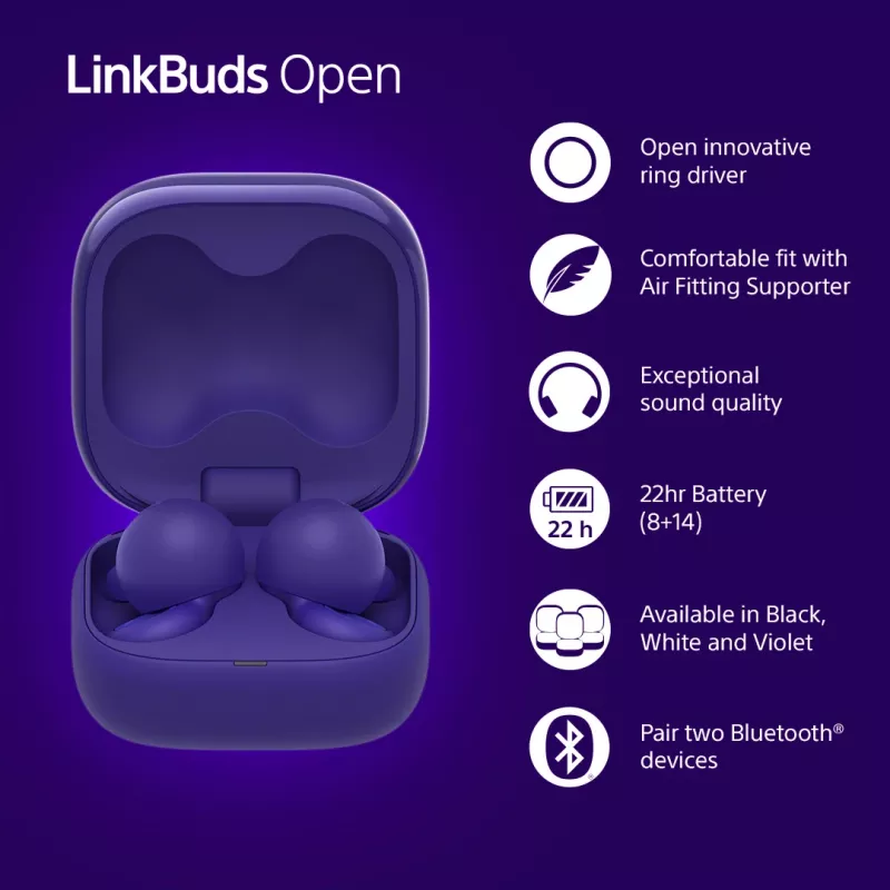 Sony LinkBuds Open WFL910V hoofdtelefoon/headset draadloos in-ear bellen/muziek Bluetooth paars