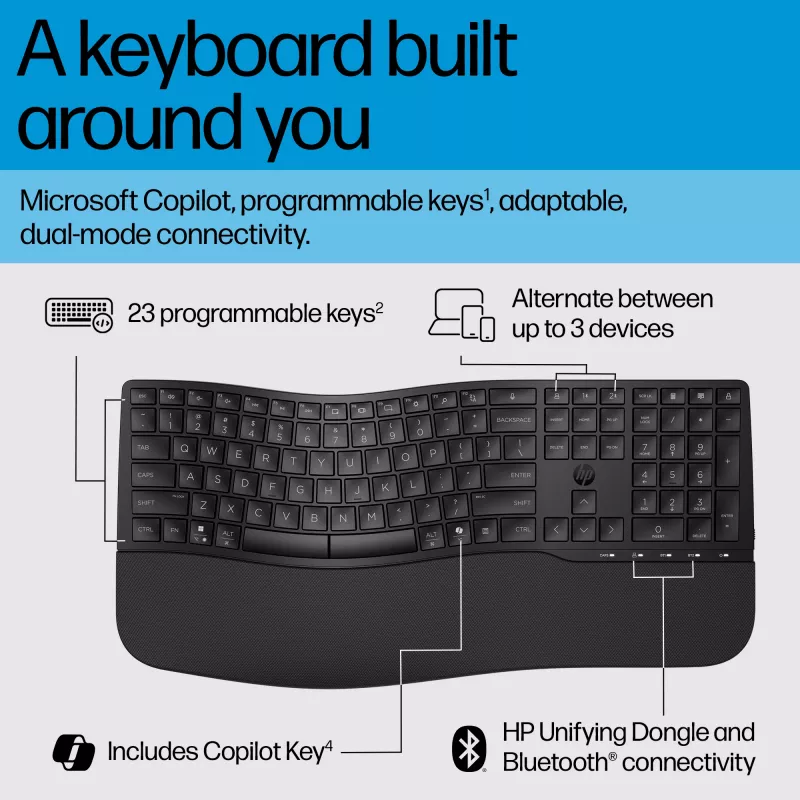 HP 680 Comfort dual-mode toetsenbord, volledig formaat (100%), draadloos, RF Wireless + Bluetooth, QWERTY, zwart