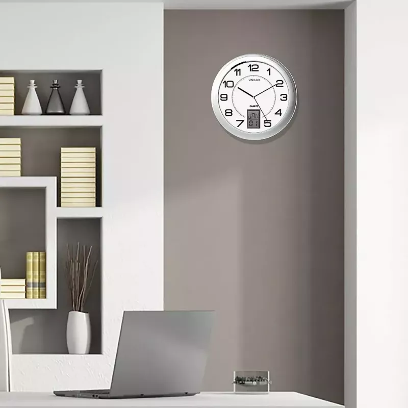 Wand-/tafelklok Unilux 100340853 — quartz, rond metaalkleurig zilver, Ø 31 cm, batterij AA/AAA