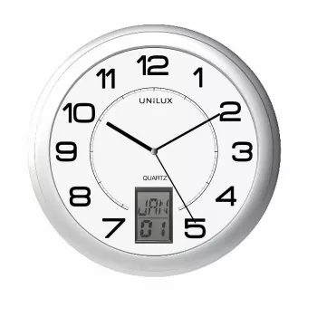 Wand-/tafelklok Unilux 100340853 — quartz, rond metaalkleurig zilver, Ø 31 cm, batterij AA/AAA